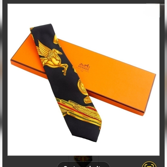 The‎ Hermes silk tie, featuring a mythological motif in gold, - Picture 1 of 14